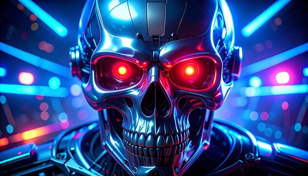 Robot Skull with glowing red eyes.