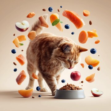 Orange cat standing next to bowl with dry food and igridents such as pieces of fruit, vegetables and fish ling around in the air on beige background