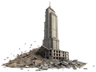 Old dilapidated building ruins, cracked isolated on a white background.