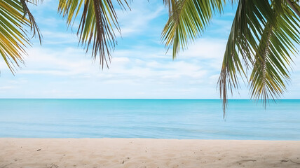 Fototapeta premium Tropical Tranquility—Palm-Framed Shoreline with Gentle Waves and Clear Skies