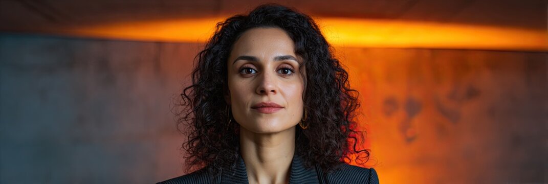 A poised professional woman with dark curls and a structured jacket stands beneath a subtle halo of golden-red light The