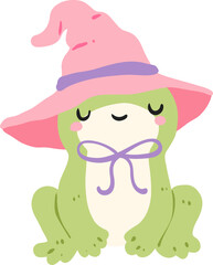 Kawaii Frog Witch Illustration, Cute Pastel Halloween Clipart with Pointy Hat and Bow


