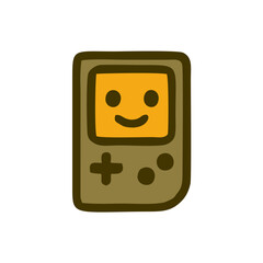 Fototapeta premium Cartoon Vintage Tech Icons with Cute Faces and Retro Vibes, A grid of 16 smiling cartoon icons of retro gadgets like cassette tapes, Walkman, radio, and floppy disks—perfect for nostalgic tech themes 