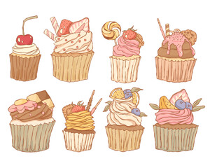 set of cupcakes with cream