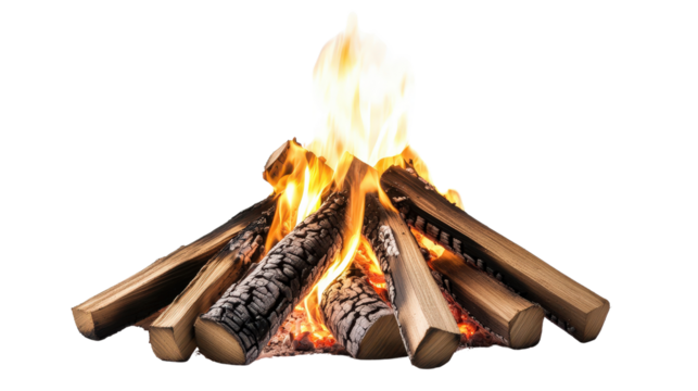Bonfire with small flames licking the wood Transparent background, PNG