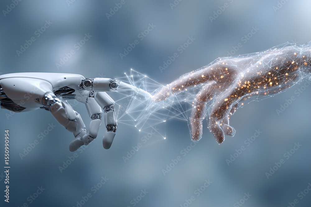 Poster two robotic hands are touching each other, creating a sense of connection