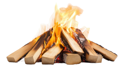 Bonfire with small flames licking the wood Transparent background, PNG