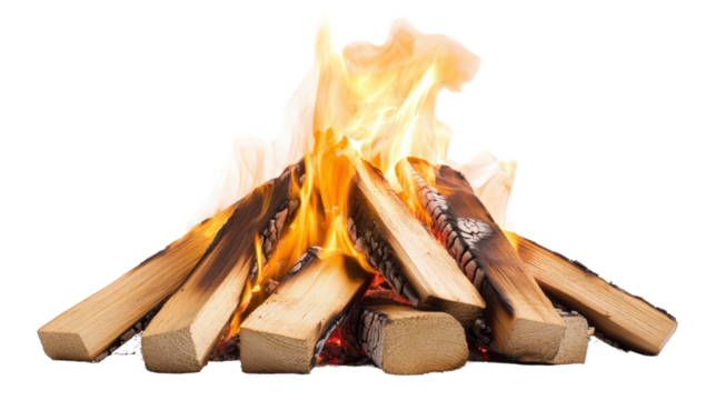Bonfire with small flames licking the wood Transparent background, PNG