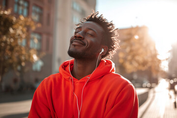 A man wearing headphones and a red hoodie is smiling