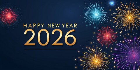 Happy New Year 2026 Celebration with Colorful Fireworks on Dark Background
