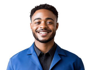 Young smiling man wearing a blue jacket looking confidently towards the camera, showcasing happiness and approachability in a professional setting