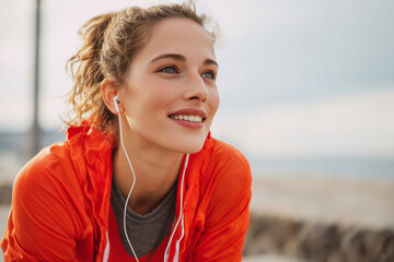 A woman wearing headphones and smiling