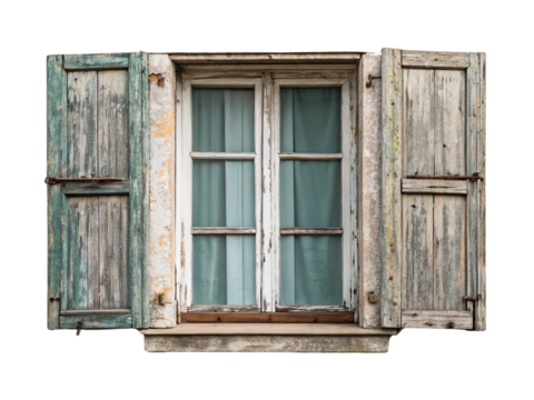 Old wooden framed glass windows isolated on a white background.
