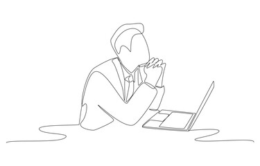 Continuous one line drawing of businessman resting his chin on clasped hands and looking up in hope his project will succeed in front of laptop, single line art