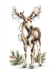Obraz premium Merry Christmas moose with antlers wrapped in lights for festive t-shirt design featuring Queen Design text below
