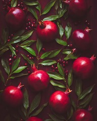Pomegranates with leaves on dark wood