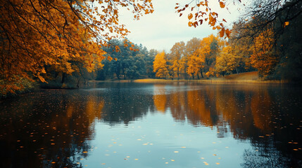 Autumn lake with orange and yellow trees reflecting on calm water, peaceful nature scene with fallen leaves floating, serene landscape in fall season