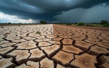 Fototapeta premium Dramatic contrast of dry cracked earth against stormy sky.