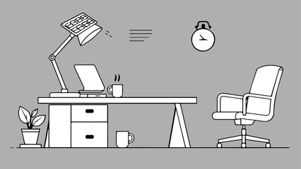 . Eco Workplace Icons – Minimal Line Art Vector for Office Dashboards illustration of office desk