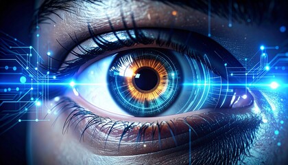 Obraz premium Close-up of a cybernetic enhanced human eye scanning surroundings with glowing digital data overlay