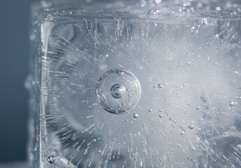 Close-up of a clear ice cube with bubbles, showcasing textures and reflections