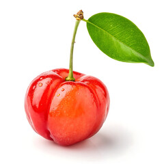 A vibrant acerola cherry, centered against a plain white background.
