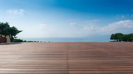 Obraz premium Tranquil Ocean View from a Wooden Deck Under a Clear Blue Sky