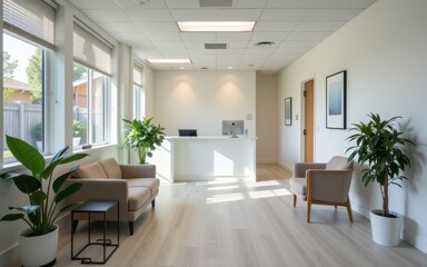 Fototapeta premium Modern waiting room with plants and natural light.