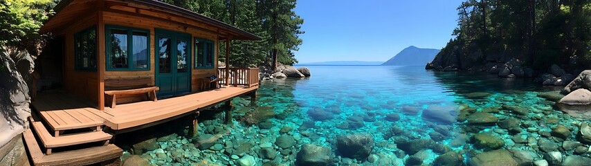 Lakeside cabin on a crystal-clear dock