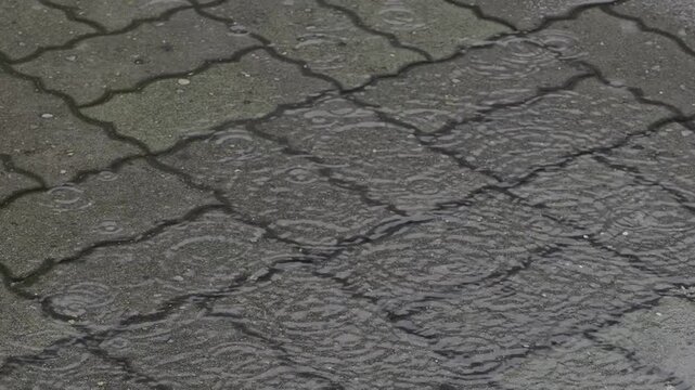 Tokyo, Japan - June 23, 2025: Slow-motion of rain falling on a pool