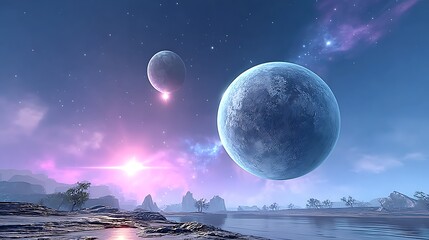 Alien planet landscape, sunrise