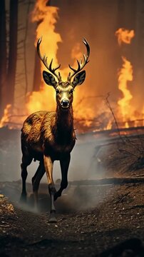 deer fleeing through forest escaping wildfire intense nature survival dramatic scene