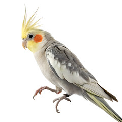 A closeup profile view of a cockatiel perched against a white background, showcasing its vibrant yellow crest and grey body feathers, isolated on transparent background
