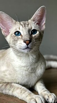 portrait of blue-eyed cat lying on table serene and cozy indoor pet closeup