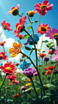 field of crochet flowers viewed from below with stems against blue sky bright natural outdoor spring scenery