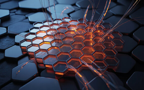 Abstract futuristic hexagonal network with glowing cells and connecting lines showcasing innovative technology and data processing. - Powered by Adobe