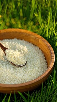 wooden bowl with coconut flakes and wooden spoon on green grass natural rustic outdoor setting
