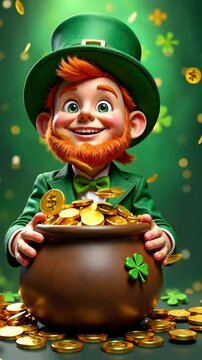 A leprechaun holding a pot overflowing with golden coins against a background filled with numerous green shamrocks, celebrating St. Patrick's Day.	
