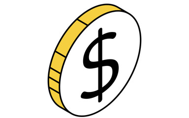 ドルマークのコインのシンプルな線画アイコン（アイソメトリックイラスト）