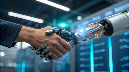 A human hand and a metallic robotic hand shake in a high-tech setting, representing the future of work and AI collaboration.