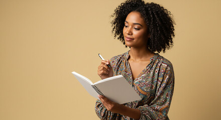 Contemplative African American woman taking notes in her journal