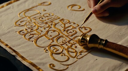Calligrapher Writes Classical Arabic Letters in Golden Ink on Handmade Paper