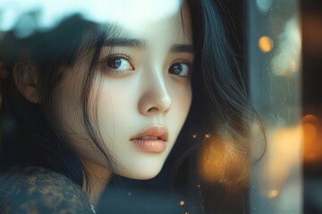 Unhappy, depressed anxiety-stricken young Asian woman sitting in a room and looking out the window, reflecting emotional turmoil., Generative AI