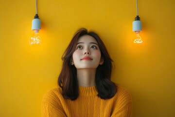 Young Asian woman looking up, imagining ideas and brainstorming creative thoughts, symbolizing inspiration and motivation., Generative AI