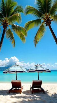 two lounge chairs with striped sun umbrellas on tropical ocean shore relaxing vacation scene