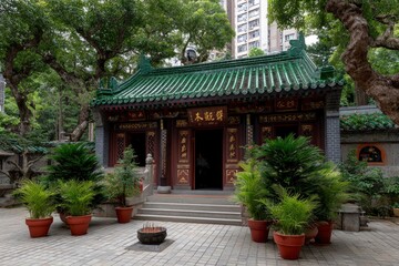 Naklejka premium A temple with a greentiled roof stands among plants featuring an open entrance with goldlettered signage