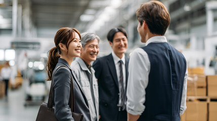 a gathering of professionals in a warehouse, engaging in a lively conversation. The environment is bustling with activity and purpose, capturing a moment of collaboration and teamwork