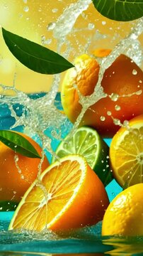 colorful splash of fresh lemon, lime, and orange fruits captured in giant water splash on yellow background vibrant refreshing concept