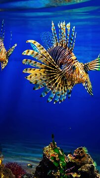 closeup of exotic lionfish swimming vibrant colorful underwater marine life tropical fish concept