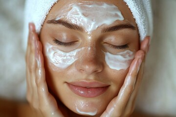 Wellness care concept, young woman applying facial skin care cream on her face while looking in the mirror, practicing daily skincare routines., Generative AI